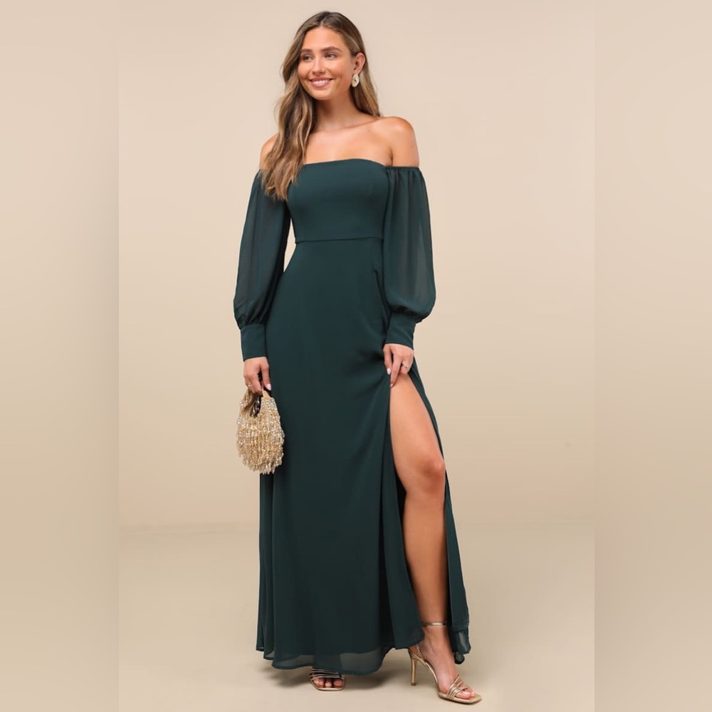 Lulu's Dark Green Off-Shoulder Maxi Dress with Bishop Sleeves
